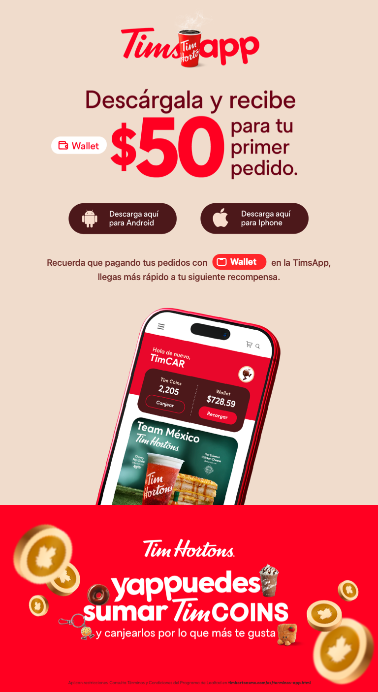 Promoción de TimsApp con wallet, cincuenta pesos de regalo y TimCoins.